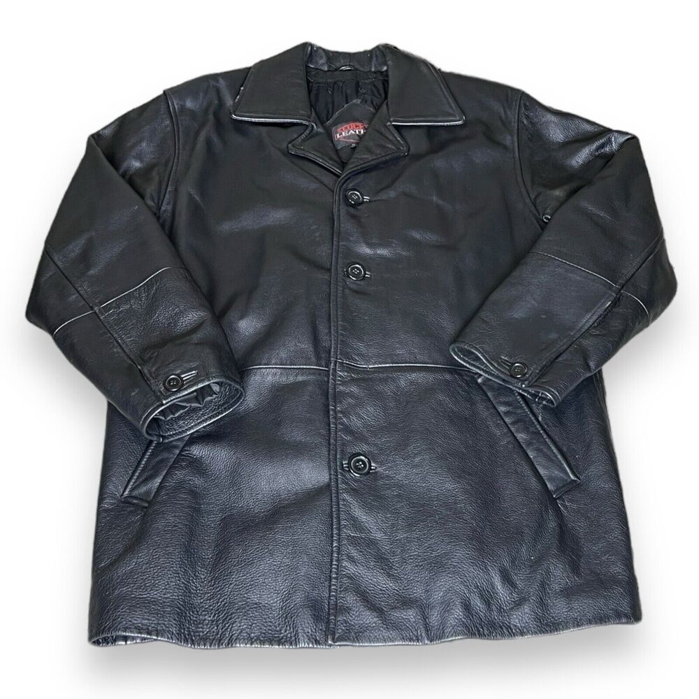 Lucky Leather Black Zip & Button Real Leather Shell Coat Jacket Men’s Size S